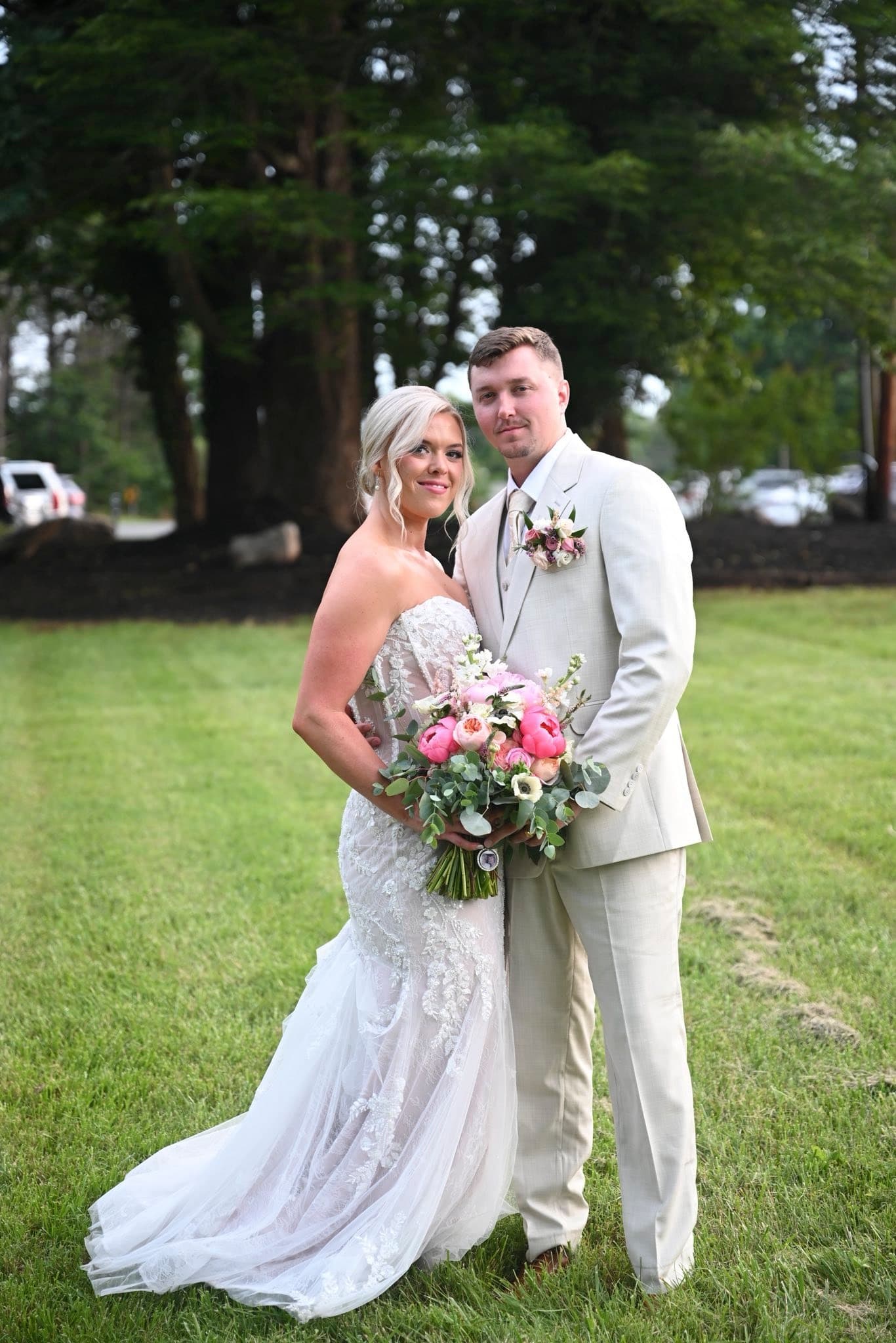 Bride and groom portrait on the lawn outside Becker Hill in Sophia, NC